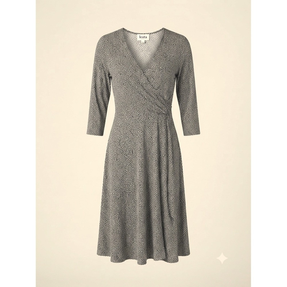 Leota Black White Pebble Minimalist Chic Wrap Dress V Neck 3/4 Sleeve Midi M